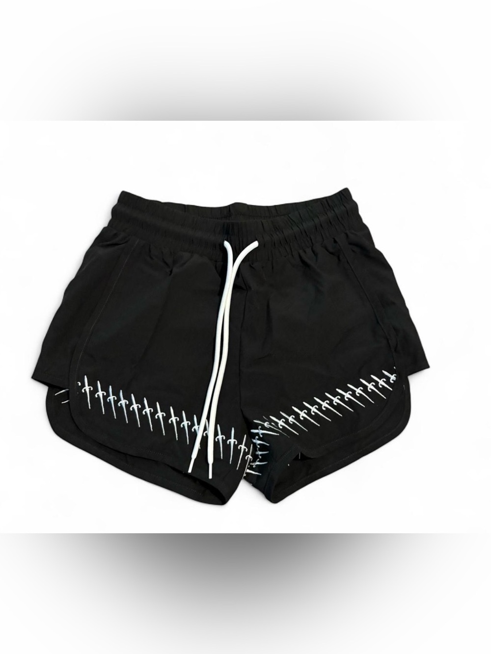 Black Women's Drawstring Shorts with White Cross Stitch Detail